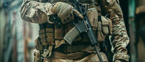 A soldier in full combat gear is holding a gun. photo