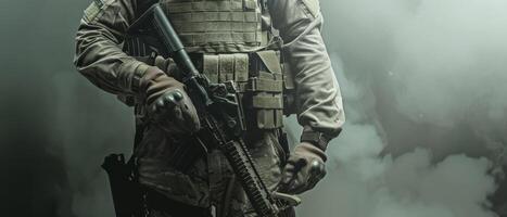 A soldier in full tactical gear is standing in a dark room. photo