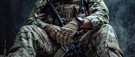 A soldier wearing military gear is sitting with a gun in his hands. photo