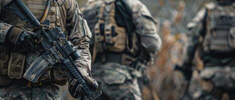 A soldier in full combat gear holding a rifle with a silencer photo