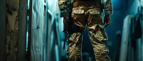 A soldier in full combat gear is walking down a dark hallway. photo