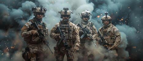 A group of four soldiers in full combat gear standing in front of a smoke cloud. photo