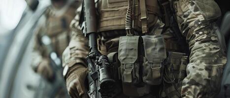A soldier in full combat gear is standing in front of a white background. photo