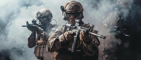 A group of soldiers in full combat gear advancing through a smoky battlefield. photo