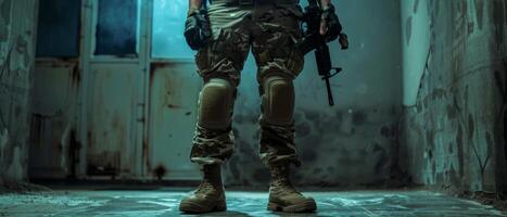 A soldier in full combat gear is standing in a dark room. photo