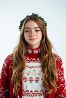 A girl wearing a red sweater and a wreath photo