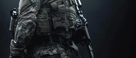 A soldier in full tactical gear is silhouetted against a dark background. photo