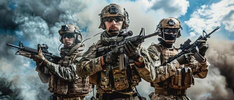 Three soldiers in full combat gear with rifles standing in front of a smoky background photo