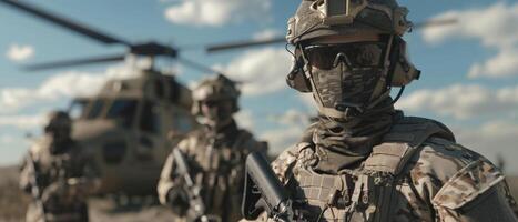 Soldier in combat gear standing in front of a helicopter photo