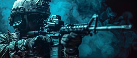 A soldier in full tactical gear with a gun in hand looking forward in a dark blue background photo