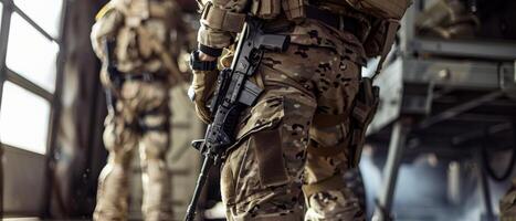A soldier in full combat gear is walking through a dark room. photo