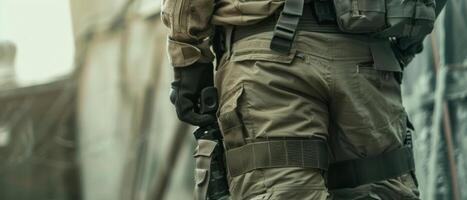 A soldier in full tactical gear is standing in a dark room. photo
