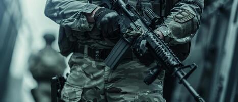A soldier in full combat gear is walking down a dark alley. photo