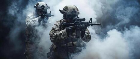 A soldier in a ghillie suit and a soldier in a military uniform with a helmet and a gas mask are walking through a smoky battlefield. photo