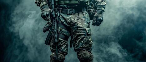 A soldier in full combat gear standing in a smoky atmosphere photo