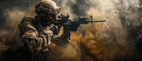 A soldier wearing a helmet and body armor is taking aim with a rifle. photo