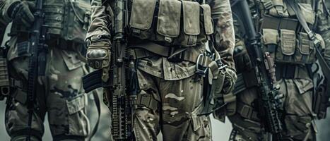 A group of soldiers in full combat gear is standing in a forest. photo