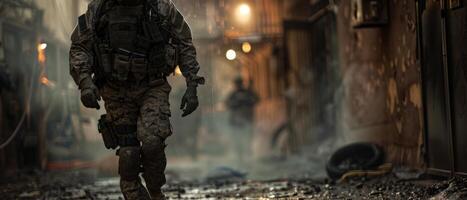 A soldier walking through a dark alley photo