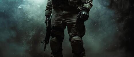A soldier in full combat gear standing in a dark room. photo
