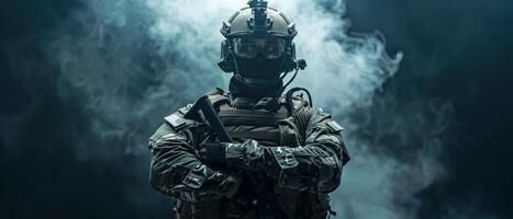 A soldier in full tactical gear is standing in a dark room. photo
