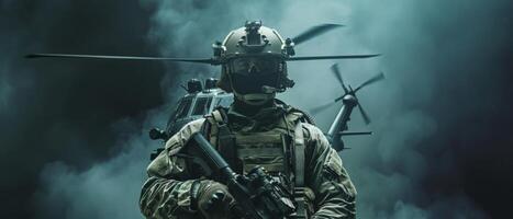 A soldier in full combat gear stands in front of a helicopter. photo