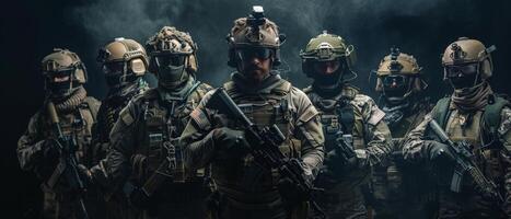 A group of soldiers in full combat gear, armed with assault rifles, standing in a dark, smoky room. photo