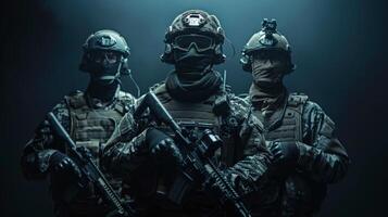 Special forces soldiers in black uniforms and masks photo