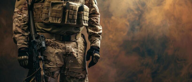 A soldier in full combat gear is standing in front of a dark background. photo