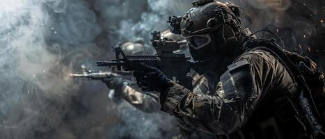 A soldier in full tactical gear, armed with a rifle, advancing through a smoky battlefield. photo