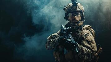 A soldier in full combat gear, armed with an assault rifle, stands in a dark, smoky room. photo