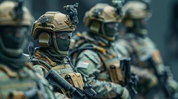 A soldier in a green uniform and helmet stands in formation with other soldiers. photo