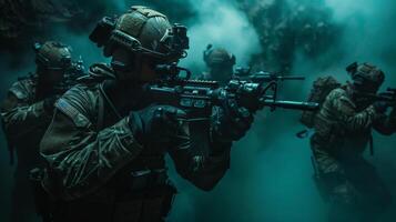 A group of soldiers in full combat gear advancing through a dark tunnel. photo