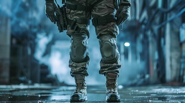 A soldier with a gun standing in the middle of a dark and foggy street photo