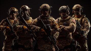 Special forces soldiers in combat gear and weapons photo
