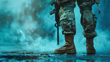 A soldier stands in the rain, his feet in muddy water. photo