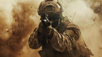 A soldier in full combat gear is taking cover behind a wall during a firefight photo