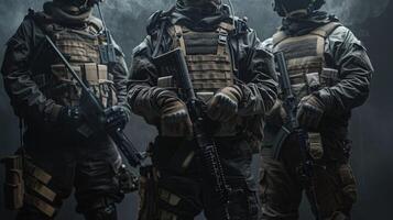Three special forces soldiers in black uniforms and gas masks standing in a dark room. photo