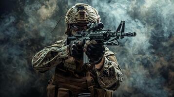 A soldier in full combat gear is aiming his rifle. photo