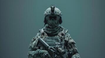 A soldier in full combat gear is standing in a dark room. He is wearing a helmet, goggles, and a mask. He is also carrying a gun. photo