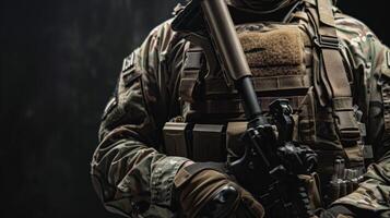 A soldier in full combat gear is standing in a dark room. He is holding a gun and looking at the camera. photo