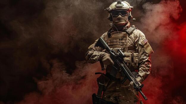 A soldier in full combat gear is standing in a dark room. There is a red smoke cloud in the background. photo