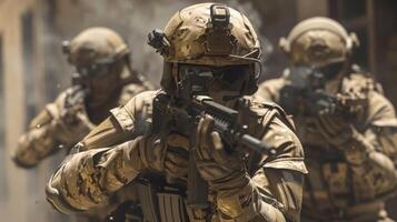 A soldier in full combat gear is advancing through a war zone photo