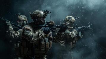 A group of soldiers in full gear and gas masks standing in the middle of a snowy field. photo