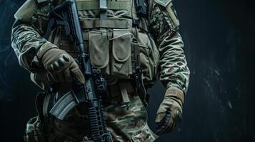 A soldier in full combat gear is holding a rifle. photo
