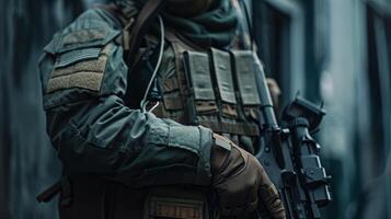 A soldier in full tactical gear is standing in a dark alley. photo