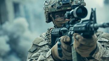 A soldier in full combat gear aims his rifle downrange. photo