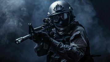 A soldier in full tactical gear, armed with an assault rifle, stands in a dark, smoky room. photo