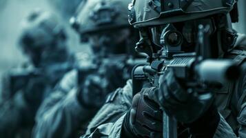 A soldier in full tactical gear, armed with an assault rifle, stands ready for action. photo