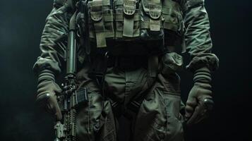 A soldier in full combat gear is standing in a dark room. photo