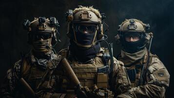 Three soldiers in full tactical gear with their faces obscured. photo